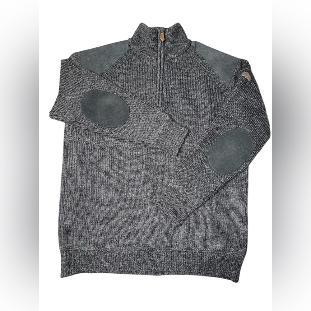 WoolOvers British wool quarter-zip sweater suede shoulder elbow patches Large - Picture 2 of 11